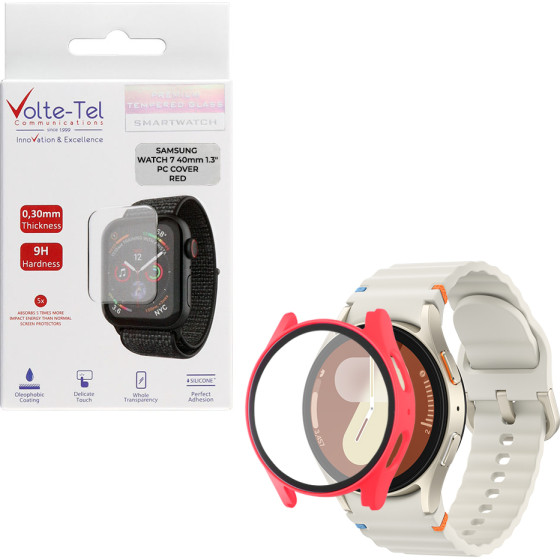 Volte-Tel Tempered Glass Samsung Watch 7 40mm 1.3'' 9H 0.30mm Pc Edge Cover With Key 3D Full Glue Full Cover RED
