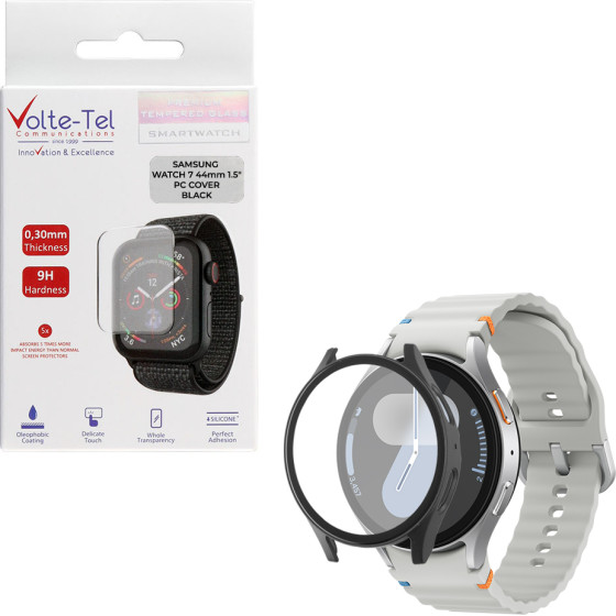Volte-Tel Tempered Glass Samsung Watch 7 44mm 1.5'' 9H 0.30mm Pc Edge Cover With Key 3D Full Glue Full Cover BLACK