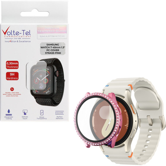 Volte-Tel Tempered Glass Samsung Watch 7 40mm 1.3'' 9H 0.30mm Pc Edge Cover With Strass 3D Full Glue Full Cover PINK