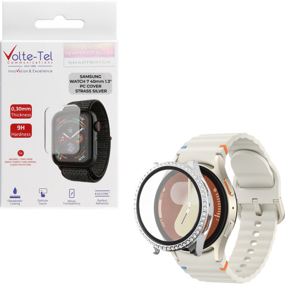 Volte-Tel Tempered Glass Samsung Watch 7 40mm 1.3'' 9H 0.30mm Pc Edge Cover With Strass 3D Full Glue Full Cover SILVER