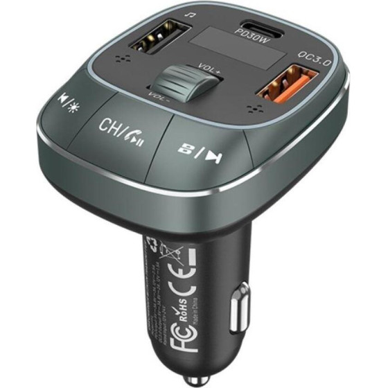Vention 3-Port Usb Car Charger With Fm Transmitter Black Abs Type - (FFLB0)