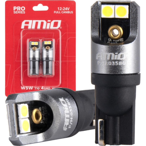 AMiO �������� T10 W5W 12/24V 6.000K 4xSmd Led Full CAN-Bus ����� 3030 Pro Series - 2 ���. - (03580)