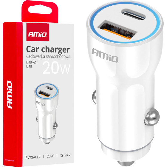AMiO ��������� �������� 12/24V �� 2 ����� USB-C+Usb 20W 5V/3AQc ������� �������� ����� - 1 ���. - (03881)