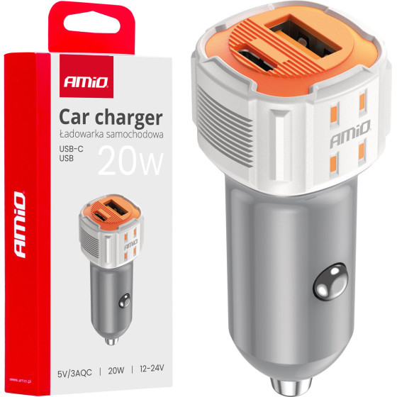 AMiO ��������� �������� 12/24V �� 2 ����� USB-C+Usb 20W 5V/3AQc ������� �������� ������ - 1 ���. - (03882)