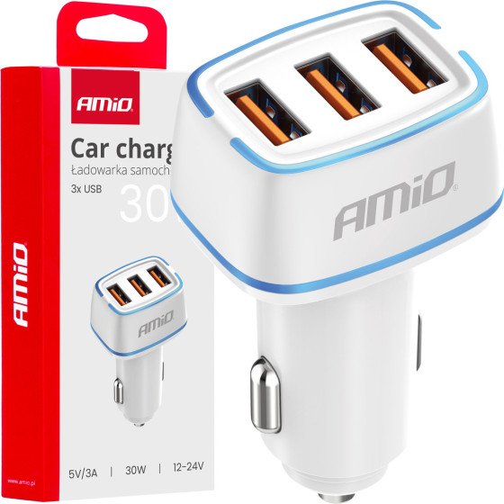 AMiO ��������� �������� 12/24V �� 3 ����� 3xUsb 30W 5V/3.0A ������ 1 ���� - 1 ���. - (03889)