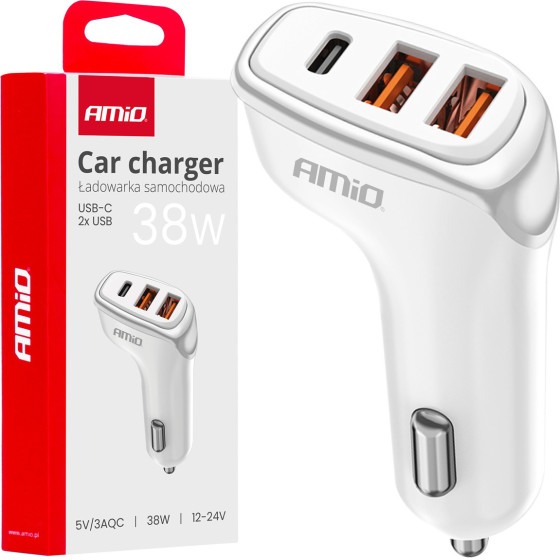 AMiO ��������� �������� 12/24V �� 3 ����� USB-C+2xUsb 38W 5V/3AQc ������� �������� ������ - 1 ���. - (03886)