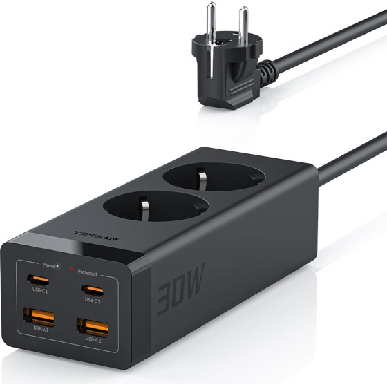 Tessan 6 In 1 Power Strip 2xSchuko 2xUsb 2xTYPE-C 30W With Cable 2M Black - (TS-FS01DE00)
