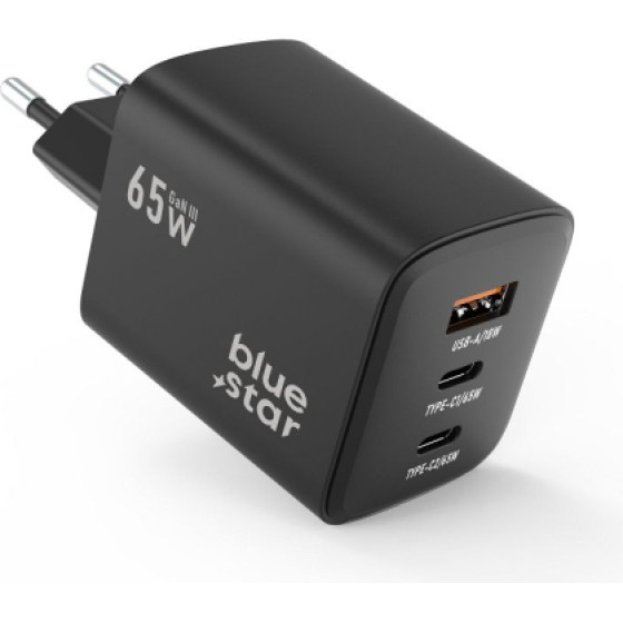Blue Star Travel Charger Gan Pd QC4.0 65W 2 X Type C / 1 X Usb Port Black - (VT-43)