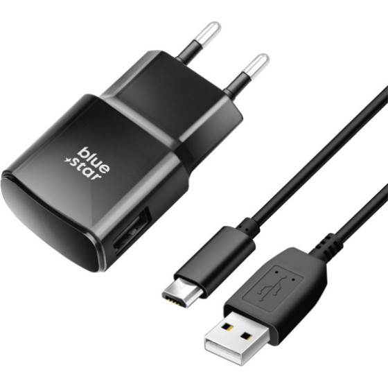 Blue Star Travel Charger 2A 10W + Data Cable Micro Usb 1.3m Black - (TFK-TC-1100B)