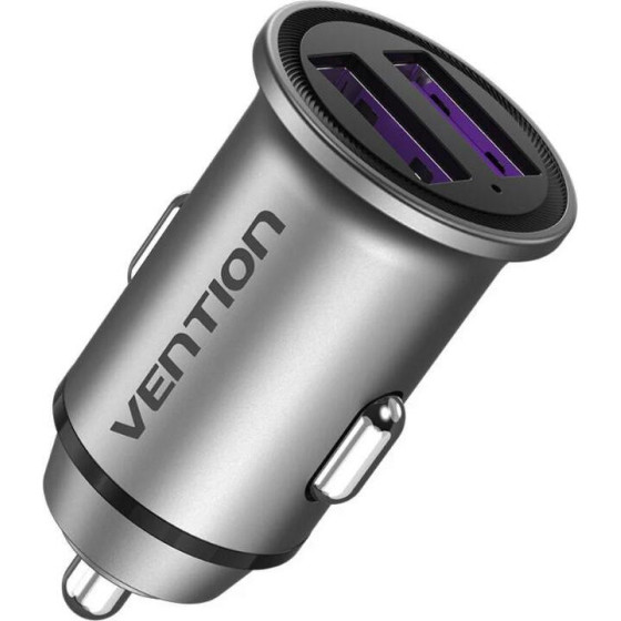 Vention 2-Port Usb (A+A) Car Charger (30W/30W) Gray Mini Style Aluminium Alloy Type - (FFEH0)