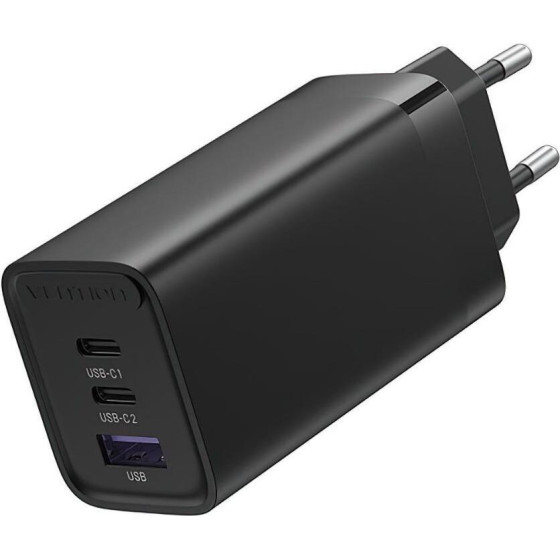 Vention 3-Port Usb (C+C+A) Gan Charger (65W/30W/30W) EU-Plug Black - (FEDB0-EU)