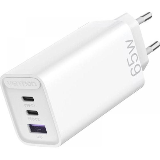 Vention 3-Port Usb (C+C+A) Gan Charger (65W/30W/30W) EU-Plug White - (FEDW0-EU)