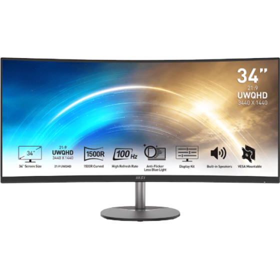 MSI Monitor Curved Va UWQHD, 34'', 21:9, 300CD/M2, 3000:1, 1MS, 100Hz, 3440x1440, 2xHDMI/ 1xDP/ Hp OUT, 2x 2W SPEAKERS, Black 2YW - (Pro MP341CQ)