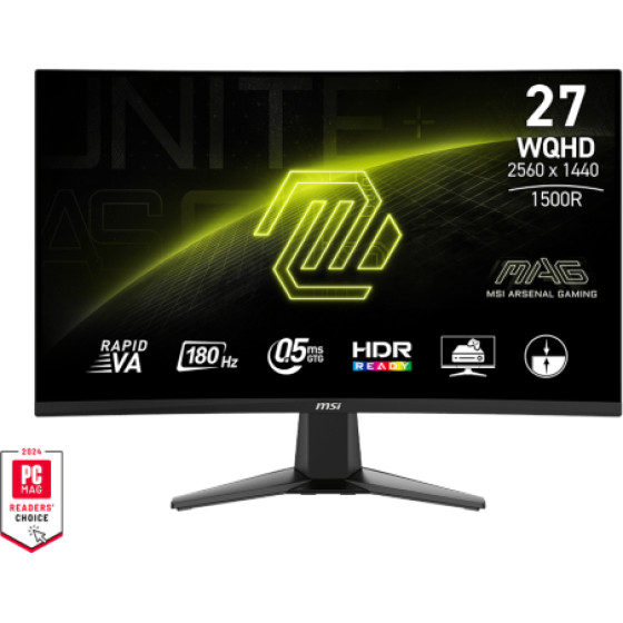 MSI Monitor Gaming Curved Va WQHD, 27'', 16:9, 300CD/M2, 5.000:1, 0,5MS, 180Hz, 2560x1440, 2xHDMI/ 1xDP/ Hp OUT, BLACK, 3YW. - (Mag 27CQ6F)