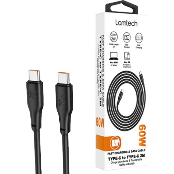 Lamtech Charge And Data Cable TYPE-C To TYPE-C 60W 2M Black - (LAM114413)