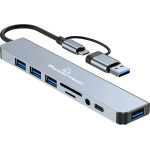 POWERTECH USB hub �� card reader, 8 �����, USB & USB-C, ���� - (PTR-0151)