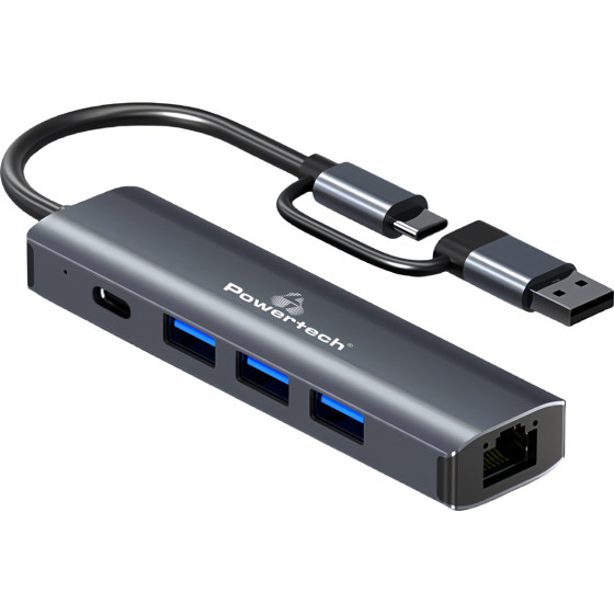 POWERTECH USB hub �� ���� �������, 4 �����, USB & USB-C, ���� - (PTR-0150)