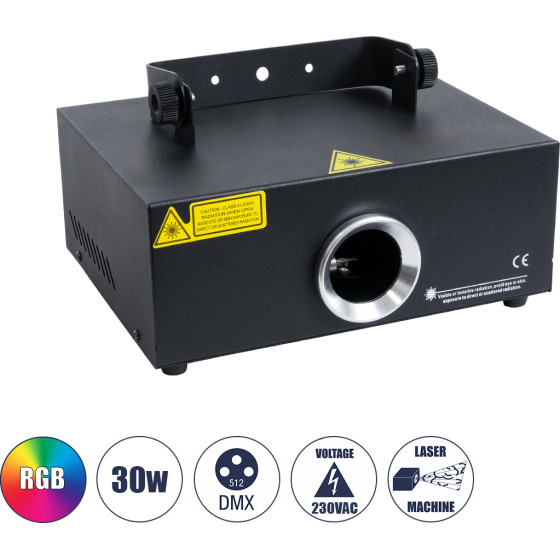 GloboStar Ares ������������� Laser Projector 30W 1000Mw 300mW RED/635nm - 100mW GREEN/532nm - 600mW BLUE/450nm - Ac 220V-240V IP20 3in1 Rgb DMX512 - �23.5 x �18 x �10cm - 2 ������ ������� - (51127)