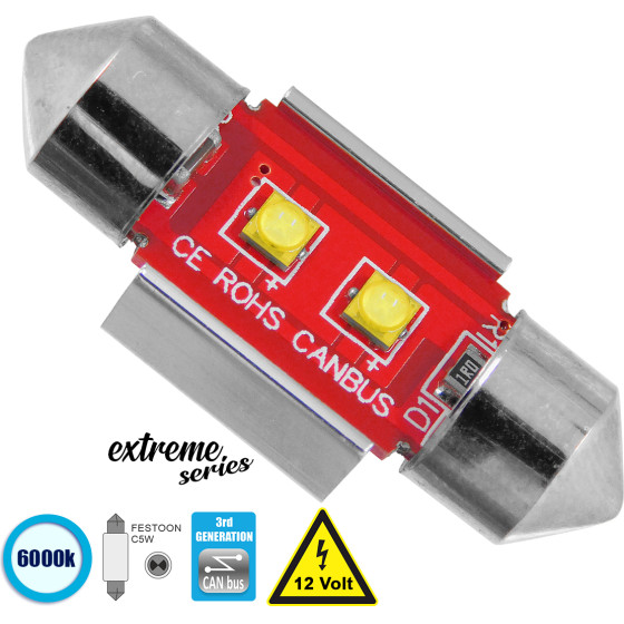 GloboStar C5W ����� ����������� 31mm Festoon 3rd Generation Can-Bus Extreme Series Led 2 Cree Xbd 5W 705lm 120� Dc 12V IP20 ����� ����� 6000K - (81324)