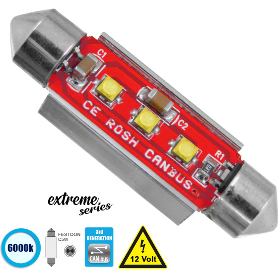 GloboStar C5W ����� ����������� 42mm Festoon 3rd Generation Can-Bus Extreme Series Led 3 Cree Xbd 7.5W 1058lm 120� Dc 12V IP20 ����� ����� 6000K - (81327)