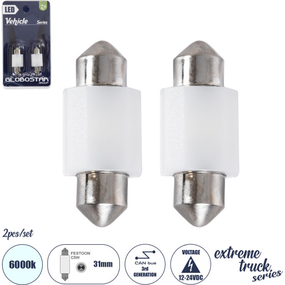 GloboStar C5W ������ ����������� Led 31mm Festoon 3rd Generation Can-Bus Extreme Truck Series 2xSMD3030 3W 450lm 120� Dc 12-24V IP20 �3.1 x �12.5 x �1cm ����� ����� 6000K - ��� 2 �������� �� Blister - (81332-B)