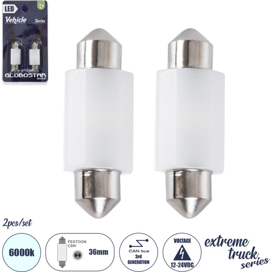 GloboStar C5W ������ ����������� Led 36mm Festoon 3rd Generation Can-Bus Extreme Truck Series 2xSMD3030 3W 450lm 120� Dc 12-24V IP20 �3.6 x �12.5 x �1cm ����� ����� 6000K - ��� 2 �������� �� Blister - (81333-B)