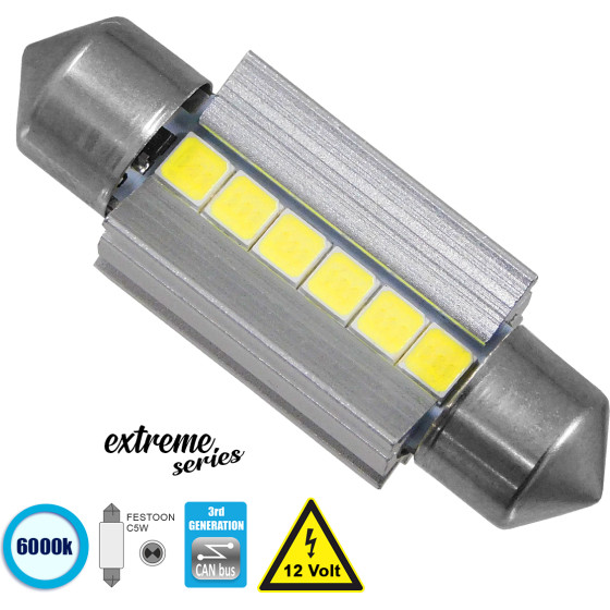 GloboStar C5W ����� ����������� 36mm Festoon 3rd Generation Can-Bus Extreme Series Led 6 Smd 3030 6W 900lm 120� Dc 12V IP20 ����� ����� 6000K - (81338)