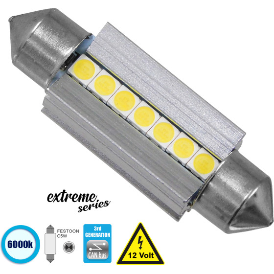 GloboStar C5W ����� ����������� 39mm Festoon 3rd Generation Can-Bus Extreme Series Led 7 Smd 3030 7W 1050lm 120� Dc 12V IP20 ����� ����� 6000K - (81339)