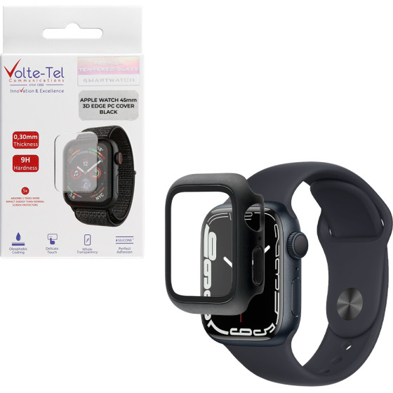 Volte-Tel Tempered Glass Apple Watch 45mm 1.9'' 9H 0.30mm Pc Edge Cover With Key 3D Full Glue Full Cover BLACK