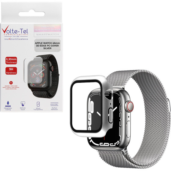 Volte-Tel Tempered Glass Apple Watch 45mm 1.9'' 9H 0.30mm Pc Edge Cover With Key 3D Full Glue Full Cover SILVER