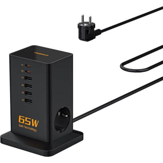 Tessan 8 In 1 Gan Power Strip 2xSchuko 4xUsb 2xTYPE-C 65W With Cable 2M Black - (TS-FS02DE00)