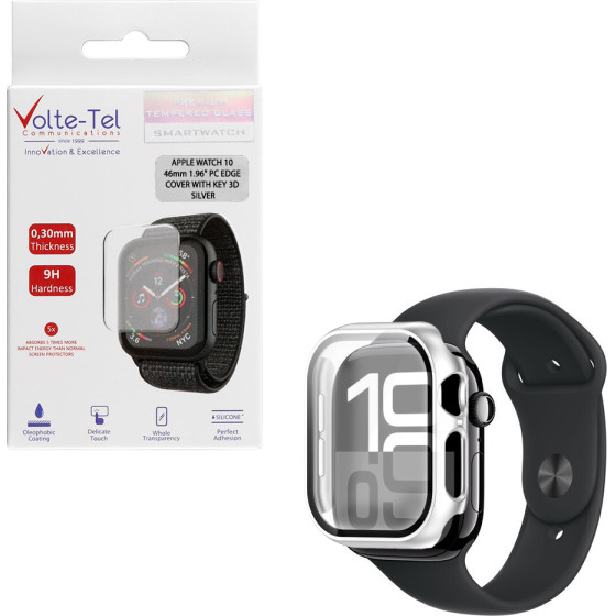 Volte-Tel Tempered Glass Apple Watch 10 42mm 1.77'' 9H 0.30mm Pc Edge Cover With Key 3D Full Glue Full Cover SILVER