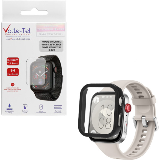 Volte-Tel Tempered Glass Huawei Watch Fit 3 43mm 1.82'' 9H 0.30mm Pc Edge Cover With Key 3D Full Glue Full Cover BLACK