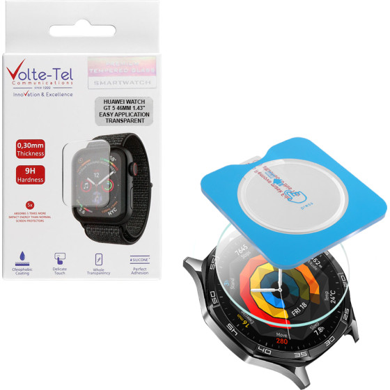 Volte-Tel Tempered Glass Huawei Watch Gt 5 46MM 1.43'' 9H 0.30mm 2.5D Easy Application Full Glue Full Cover TRANSPARENT
