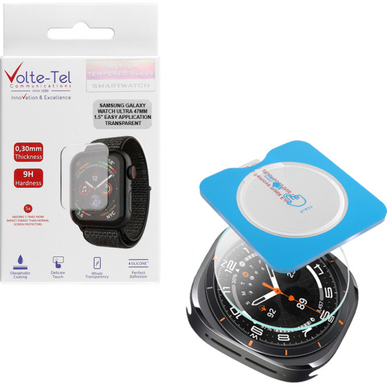 Volte-Tel Tempered Glass Samsung Galaxy Watch Ultra 47MM 1.5'' 9H 0.30mm 2.5D Easy Application Full Glue Full Cover TRANSPARENT