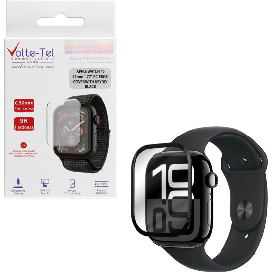 Volte-Tel Tempered Glass Apple Watch 10 42mm 1.77'' 9H 0.30mm Pc Edge Cover With Key 3D Full Glue Full Cover BLACK