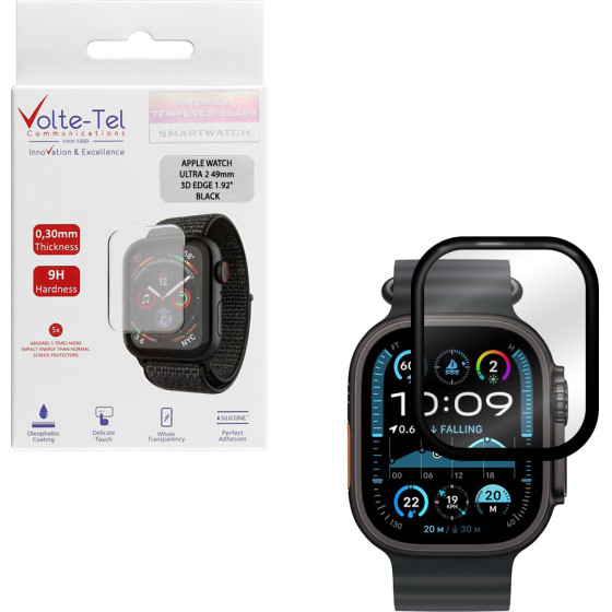 Volte-Tel Tempered Plexi Glass Apple Watch Ultra 2 49mm 3D Edge 1.92'' 9H 0.30mm Full Glue Full Cover BLACK