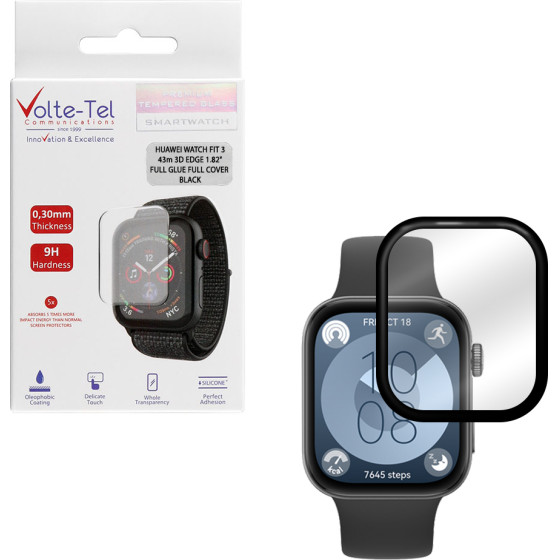 Volte-Tel Tempered Plexi Glass Huawei Watch Fit 3 43mm 3D Edge 1.82'' 9H 0.30mm Full Glue Full Cover BLACK