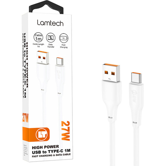 Lamtech High Power Cable Usb To TYPE-C 1M 27W White - (LAM114512)
