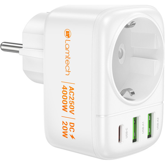 Lamtech Multifunctional Wall Socket 1xSchuko 2xUsb 1xTYPE-C PD20W - (LAM114482)