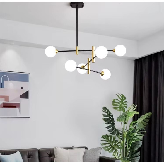 Homelighting SE21-HA-6 Haruto Black And Gold Pendant Opal 83x55cm E27*6 MAX60W IP20 2 Years Warranty - (77-50613)