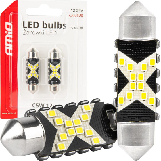AMiO �������� ����������� 41mm 12/24V C5W 5500K 12xSmd 2016 CAN-Bus Festoon (�����) ���� - 2 ���. - (04238)