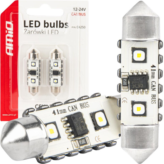 AMiO �������� ����������� 41mm 12/24V C5W 5500K 12xSmd 3838 CAN-Bus Festoon (�����) ���� - 2 ���. - (04250)