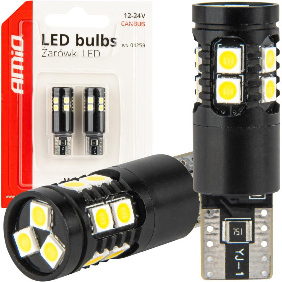 AMiO �������� T10 W5W 12V/24V Led CAN-Bus 13xSmd 3030 ����� 5500K ���� - 2 ���. - (04259)