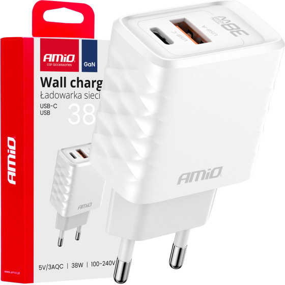 AMiO ��������� �� ������� ����� �� 2 ����� USB-A+USB-C 38W 100-240V ����� - 1 ���. - (04287)
