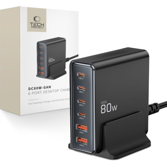 Tech-Protect Travel Desktop Charger 6 Port PD80W/QC3.0 Black - (TPDC4P80WB)