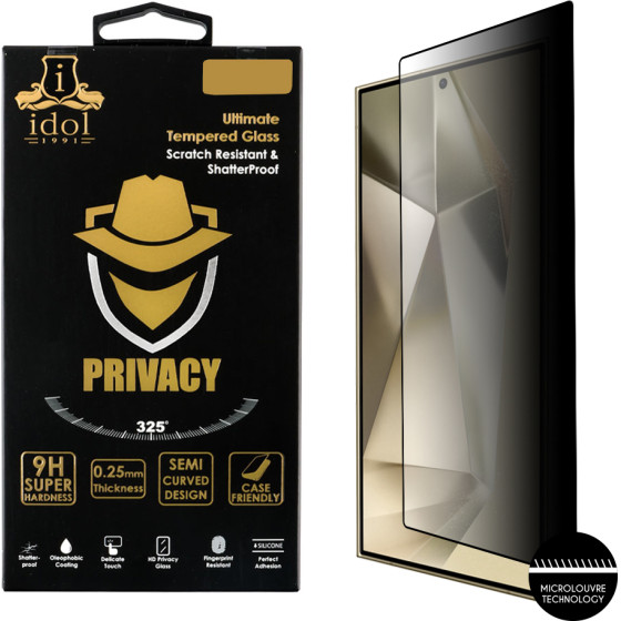 Idol 1991 Tempered Glass Samsung S25 Ultra 5G 6.9'' 9H 0.2mm Privacy Antispy 3D Semi Curved Edge Glue Finger Unlock BLACK