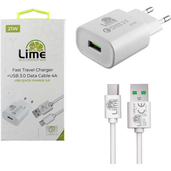 Lime Successories Lime Usb 3.0 Pd Fast Travel Qc 3.0 LTU25 21W 4000mA + ������� ��������-Data L15 Type C WHITE