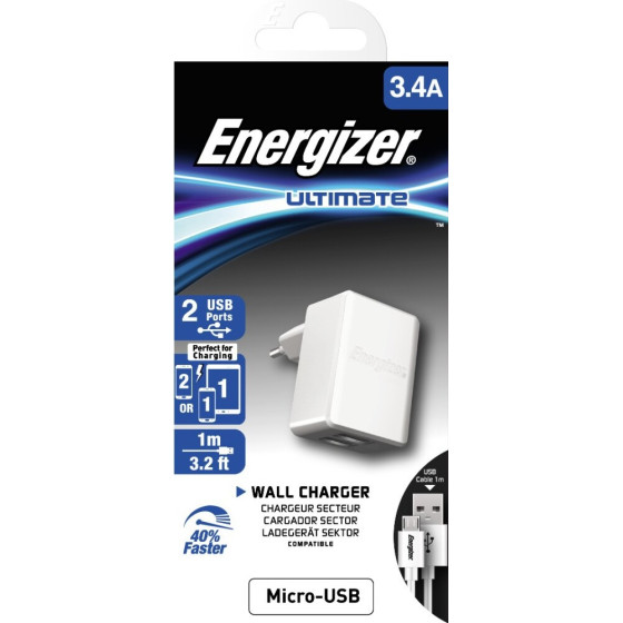 Energizer ��������� �������� 3.4A �� 2 ����� Usb A ��� ������� Micro Usb 1m - (ACW2CEUUMC3)