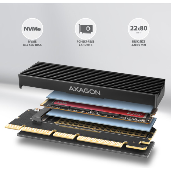 Axagon PCEM2-Xs PCI-E 3.0 16X - M.2 Ssd NVME, Up To 80MM SSD, Low PROFILE, HEATSINK